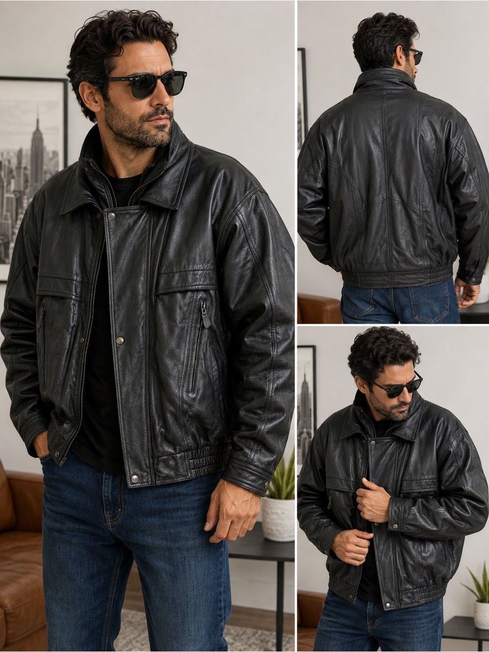 El General Men’s XL Black Genuine Leather Insulated Bomber Jacket Vintage